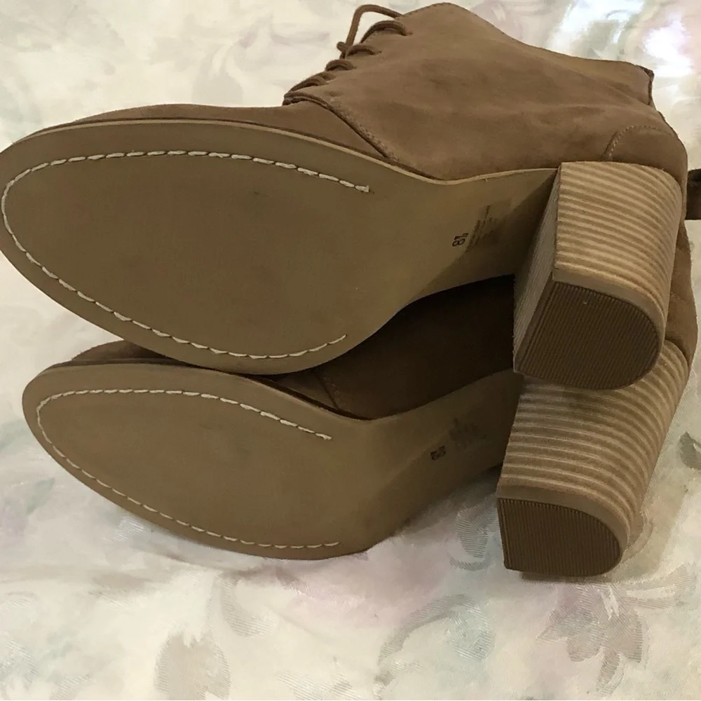 Seychelles by Anthropologie Laced Leather Bootie “Tower” Block Heels Tan sz 8.5